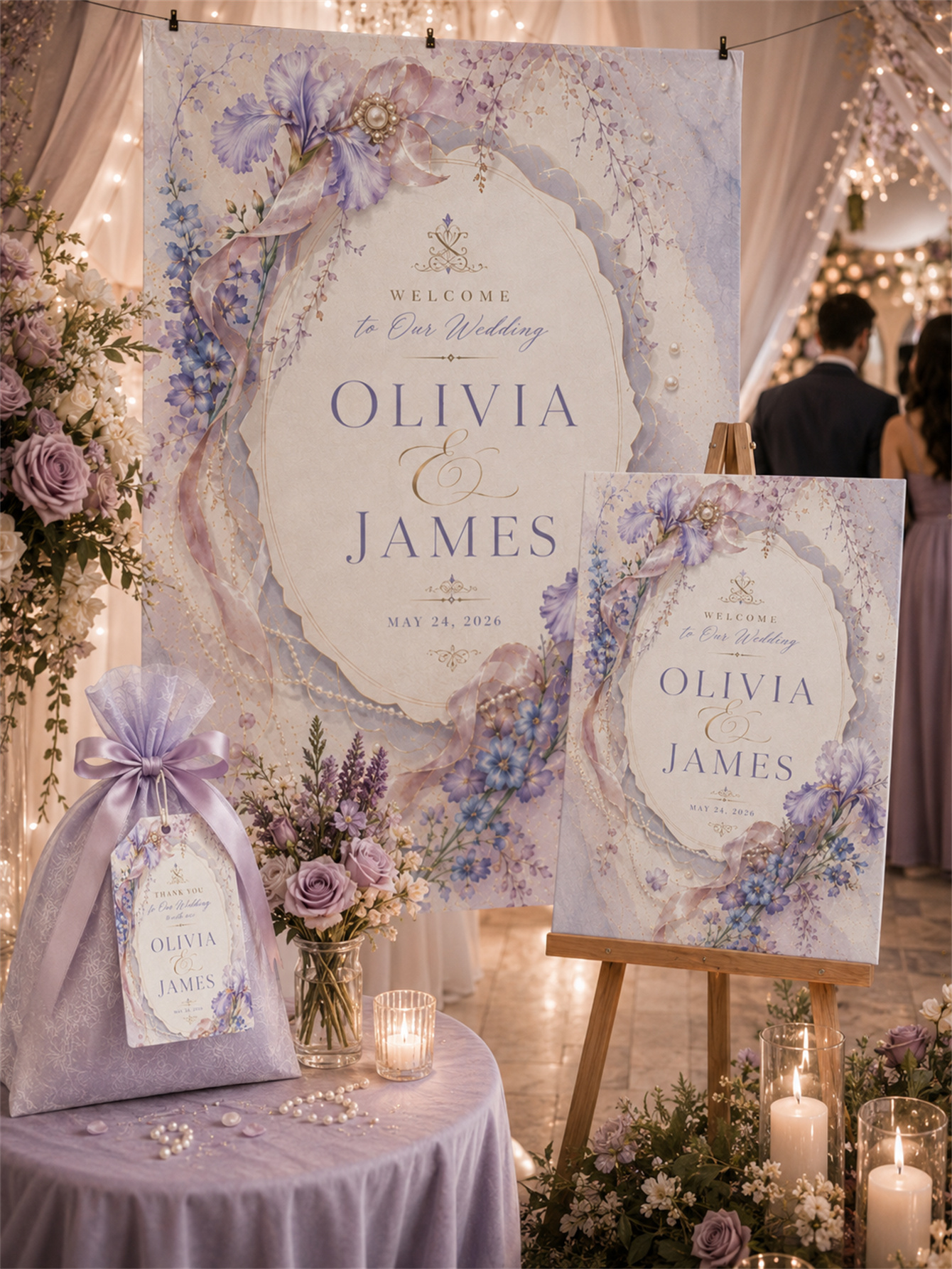 Flower arch watercolor design and gold line art decoration - Romantic and elegant wedding - Custom name and date